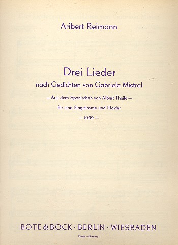 Vorderes Coverbild 3 Lieder nach Gedichten von Gabriela Mistral (1959)
